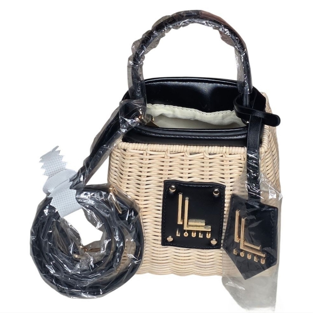 LOULU Woven Mini Bag Black Faux Leather Trim Crossbody Top Handle NWT